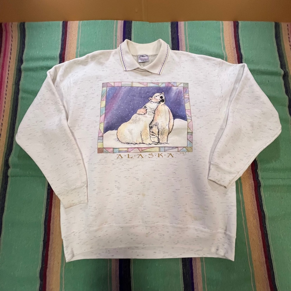 Oneita Alaska Polar Bear Sweatshirt Mens XL White Vintage 90s USA Made Collared